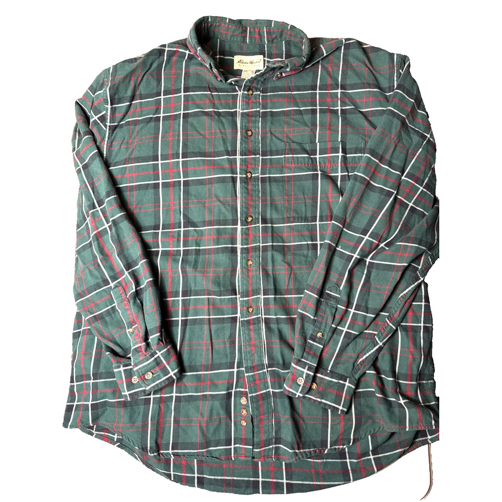 Men's Vintage Green Plaid Flannel Button Up Shirt XL Preppy Holiday Christmas